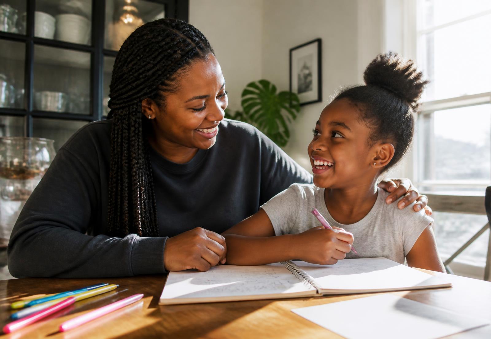 A mother with braids and her daughter smiling at each other at a sunlit table after a homework breakthrough.