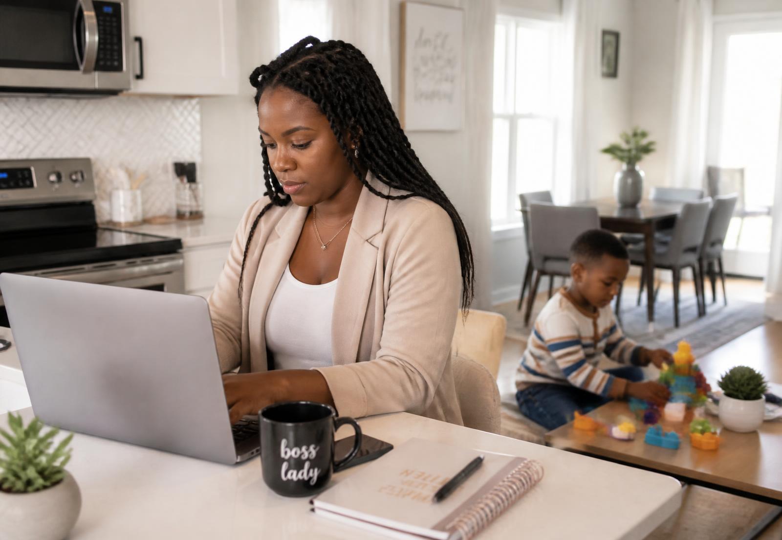 A professional mother working on a laptop at the kitchen counter while her young son plays nearby.