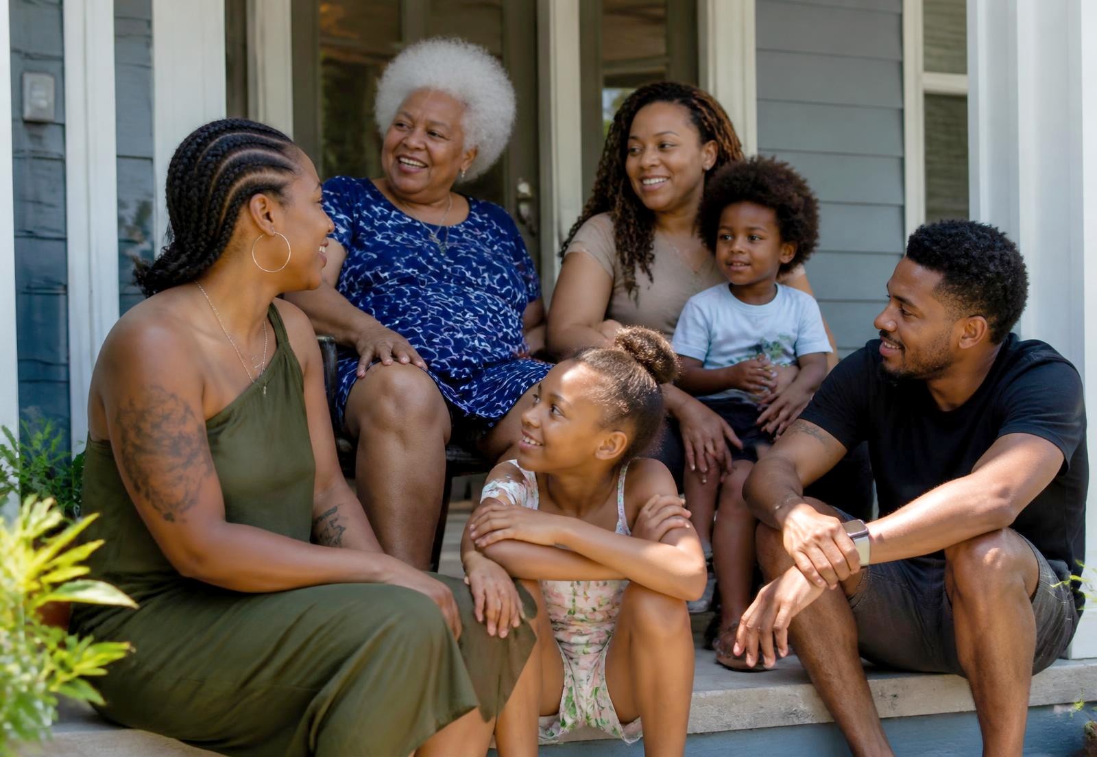 Three generations of a family sitting and talking together on a sunny front porch.